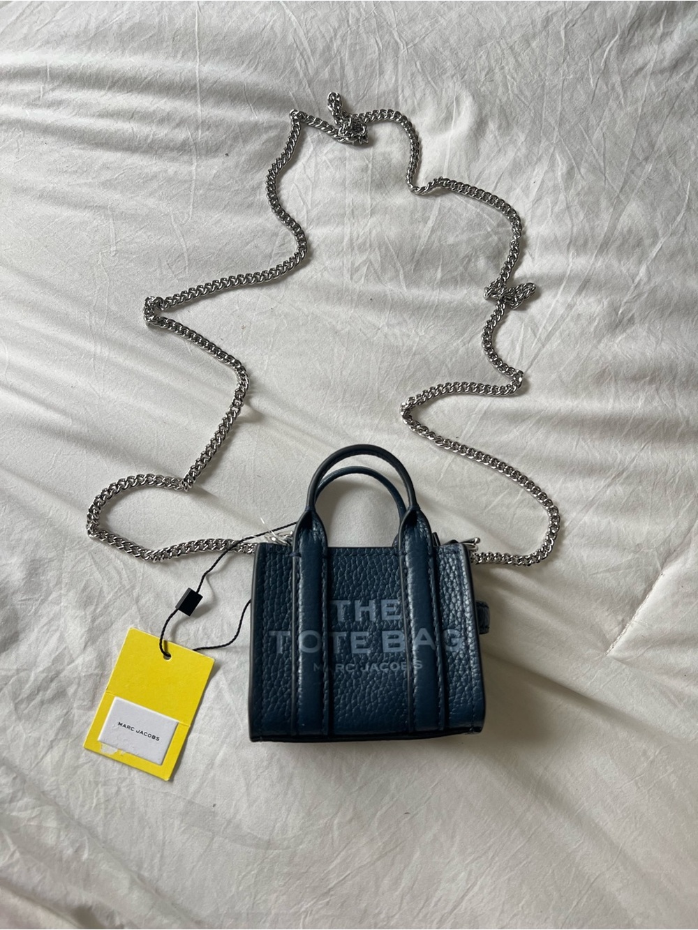 Marc Jacobs Mini The Tote Bag in Navy Pebbled Leather with Silver Chain